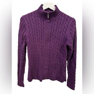 LL Bean Double Cable Knit Full Zip Cardigan Sweater Purple 100% Cotton cozy chic